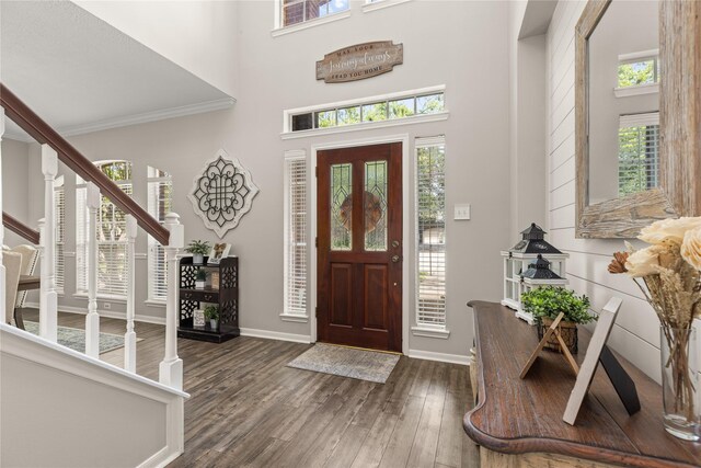 1509 Shamrock Ln, Deer Park, TX 77536 - foyer featuring wood finished floors, healthy amount of natural light, stairway, a towering ceiling, and baseboards