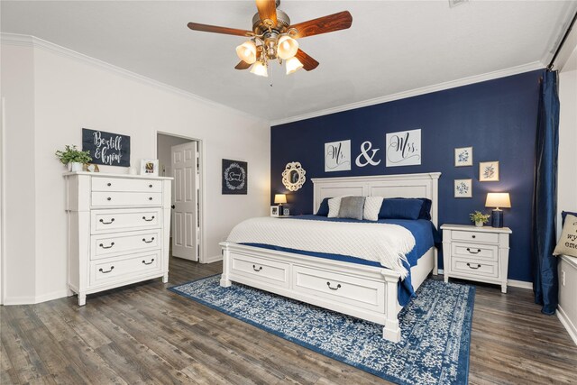1509 Shamrock Ln, Deer Park, TX 77536 - bedroom featuring ornamental molding, dark wood-type flooring, baseboards, and ceiling fan