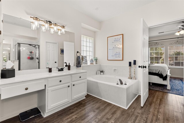 1509 Shamrock Ln, Deer Park, TX 77536 - bathroom with vanity, a garden tub, a stall shower, wood finished floors, and ensuite bath