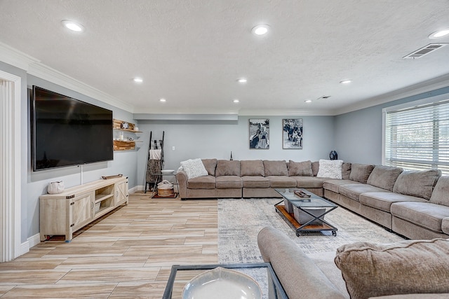 5111 Rockland Dr, Pearland, TX 77584 - living area featuring recessed lighting, crown molding, wood tiled floors, baseboards, and a textured ceiling