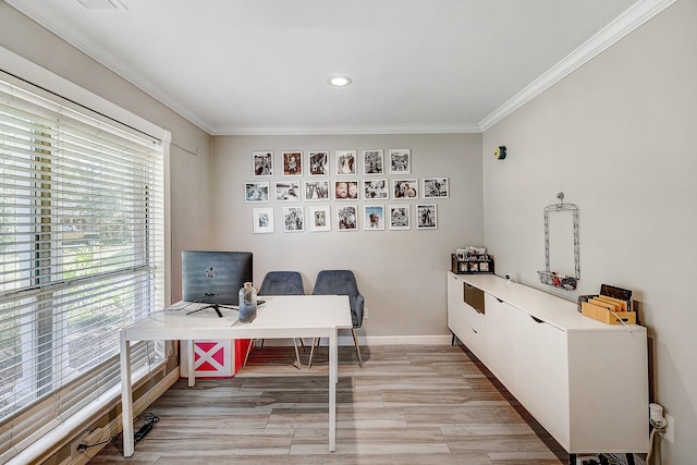 5111 Rockland Dr, Pearland, TX 77584 - office area with ornamental molding, healthy amount of natural light, light wood finished floors, recessed lighting, and baseboards