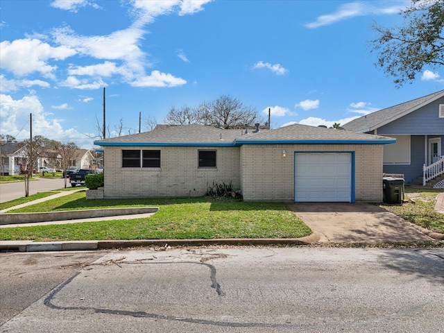 1901 49th St, Galveston, TX 77551 - view of front facade featuring concrete driveway, an attached garage, a front yard, brick siding, and a residential view