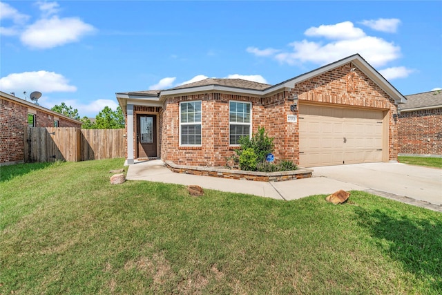 view of front facade with concrete driveway, a front lawn, an attached garage, fence, and brick siding