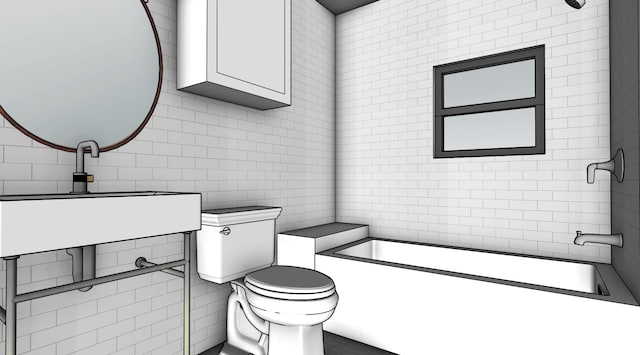 full bathroom featuring toilet, bathtub / shower combination, and tile walls