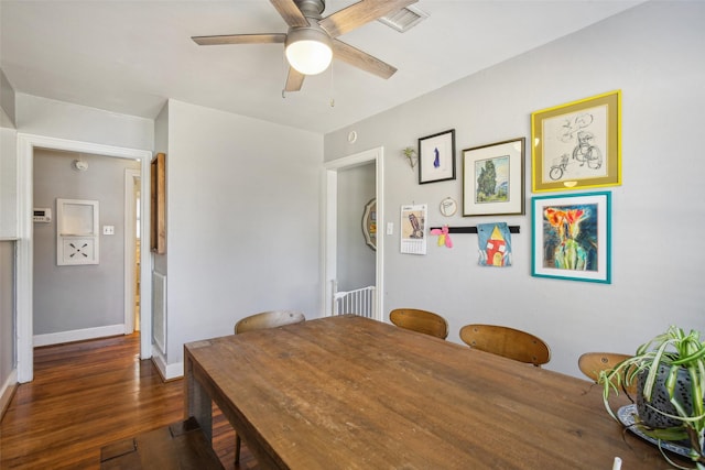 dining space with visible vents, baseboards, a ceiling fan, and wood finished floors