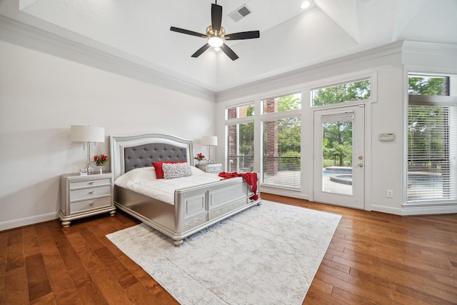14 Tredington St, Sugar Land, TX 77479 - bedroom with access to exterior, wood-type flooring, baseboards, a raised ceiling, and ceiling fan