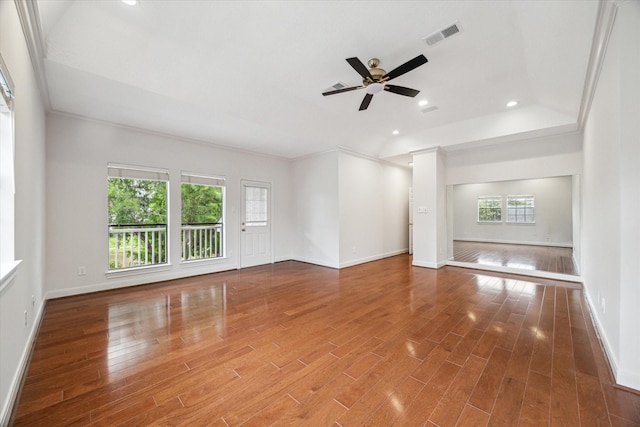 14 Tredington St, Sugar Land, TX 77479 - unfurnished living room with wood finished floors, baseboards, ceiling fan, recessed lighting, and ornamental molding