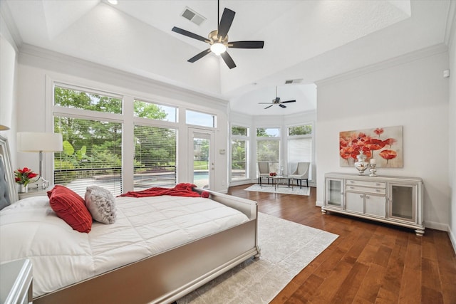 14 Tredington St, Sugar Land, TX 77479 - bedroom featuring access to exterior, hardwood / wood-style flooring, ornamental molding, a tray ceiling, and a ceiling fan