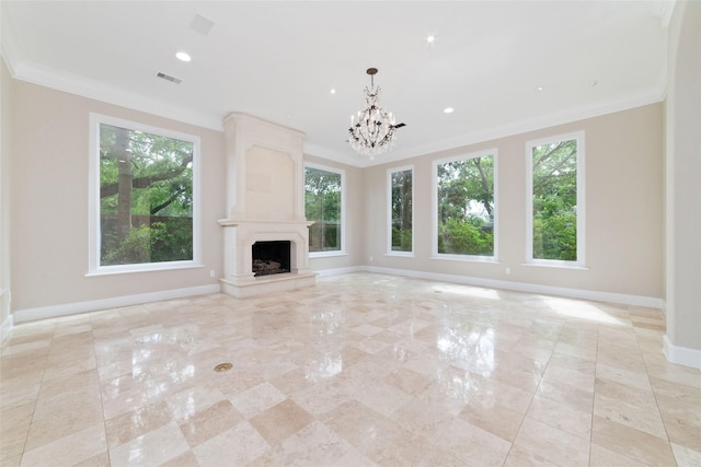 unfurnished living room featuring recessed lighting, visible vents, ornamental molding, baseboards, and a notable chandelier