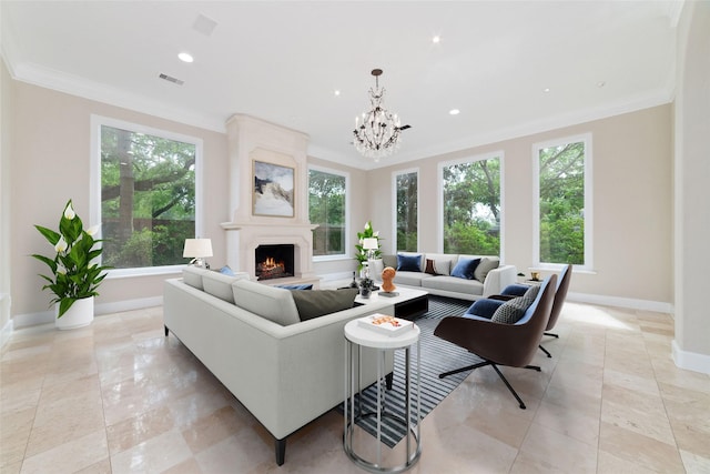 living area featuring a fireplace, baseboards, ornamental molding, visible vents, and recessed lighting