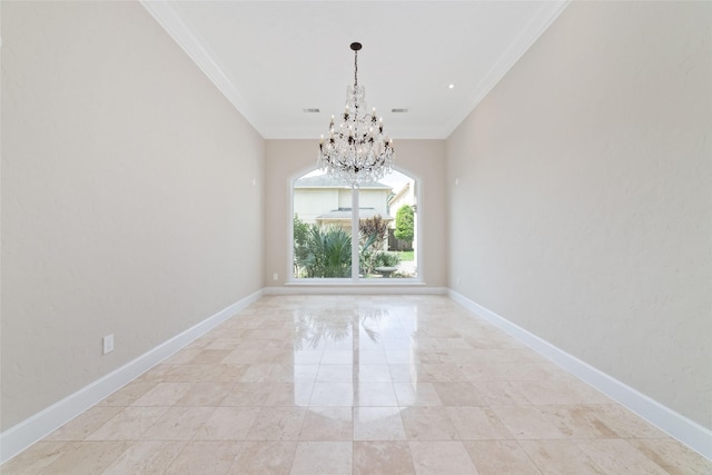 unfurnished dining area with crown molding, baseboards, and an inviting chandelier
