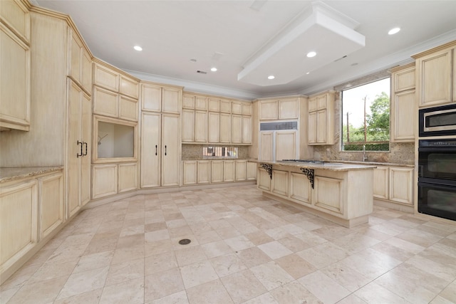 kitchen featuring built in appliances, backsplash, and light brown cabinetry