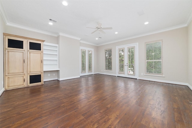 unfurnished living room with baseboards, recessed lighting, ceiling fan, dark wood-type flooring, and ornamental molding
