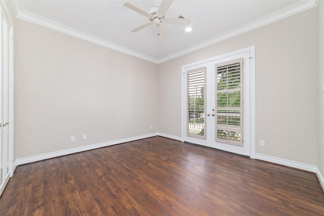 unfurnished room with french doors, baseboards, wood finished floors, ceiling fan, and ornamental molding