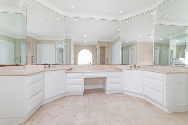 bathroom featuring crown molding, vanity, tile patterned floors, and recessed lighting