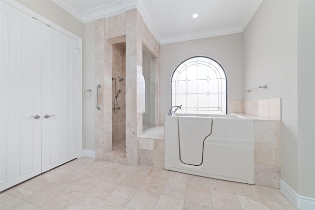 full bath featuring a tile shower, a bath, baseboards, and ornamental molding