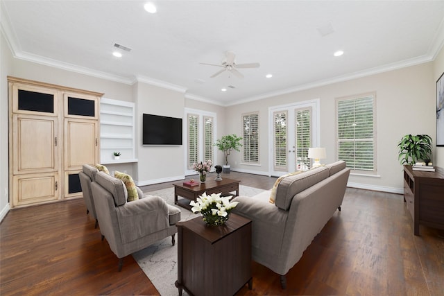 living area with baseboards, recessed lighting, a ceiling fan, and dark wood-style flooring