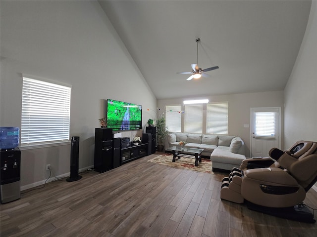 19210 Palfrey Prairie Trl, Tomball, TX 77377 - living area featuring high vaulted ceiling, a ceiling fan, and dark wood-style flooring