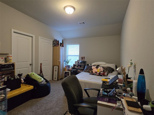 19210 Palfrey Prairie Trl, Tomball, TX 77377 - bedroom with visible vents, lofted ceiling, and carpet