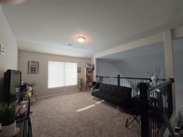 19210 Palfrey Prairie Trl, Tomball, TX 77377 - living area with baseboards, visible vents, lofted ceiling, and carpet