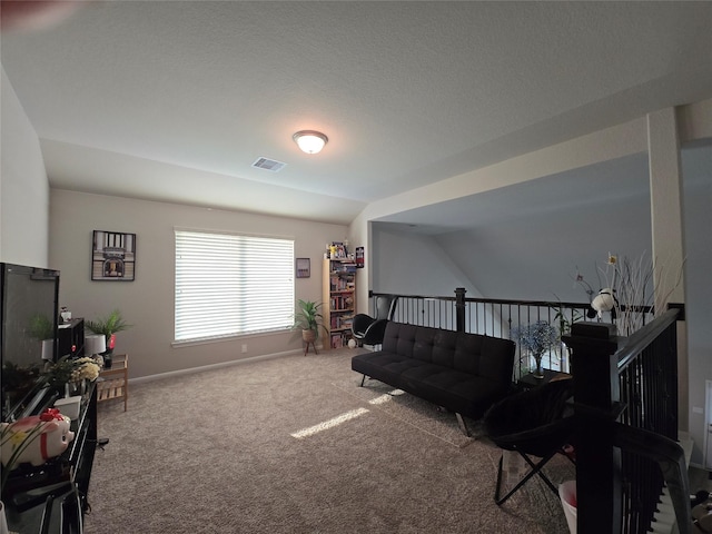 19210 Palfrey Prairie Trl, Tomball, TX 77377 - carpeted living room featuring visible vents, a textured ceiling, baseboards, and vaulted ceiling