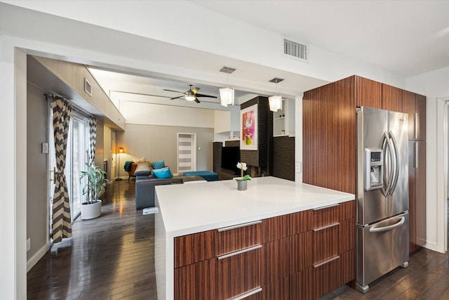 10134 Eddystone Dr, Houston, TX 77043 - kitchen with a ceiling fan, modern cabinets, stainless steel fridge with ice dispenser, a peninsula, and dark wood-style flooring