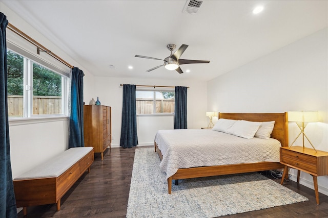 10134 Eddystone Dr, Houston, TX 77043 - bedroom with a ceiling fan, visible vents, recessed lighting, and dark wood-style flooring
