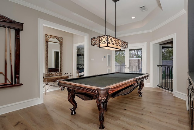 recreation room featuring pool table, ornamental molding, wood finished floors, and visible vents