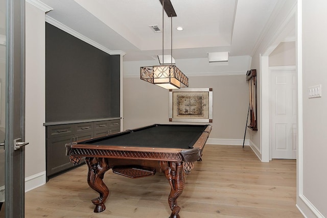 recreation room featuring baseboards, recessed lighting, light wood-style floors, pool table, and a raised ceiling