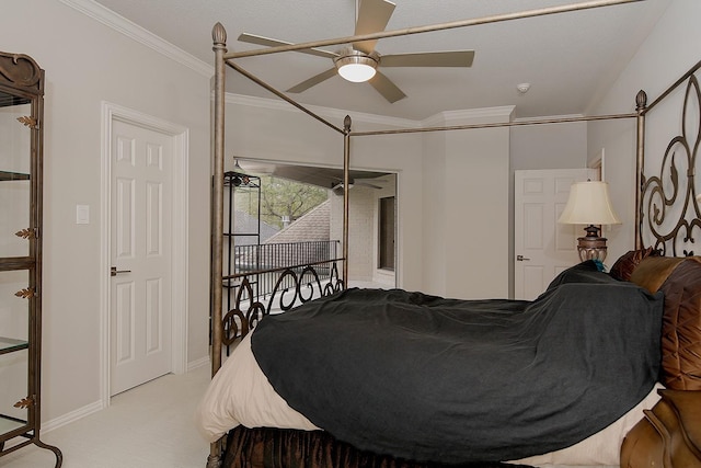 bedroom with light colored carpet, ceiling fan, baseboards, and crown molding