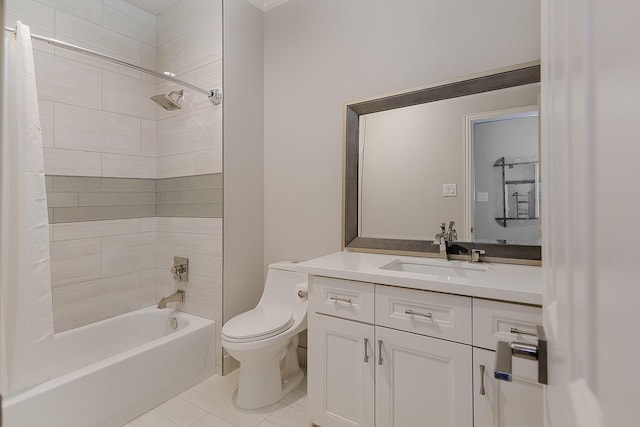 full bath featuring shower / bath combo, vanity, tile patterned flooring, and toilet