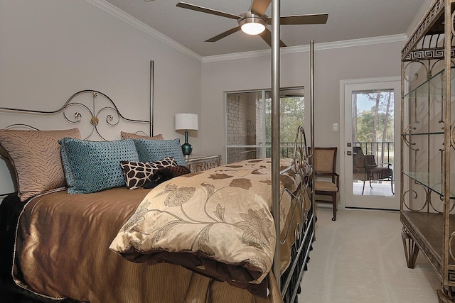 bedroom featuring crown molding, light carpet, a ceiling fan, and access to exterior