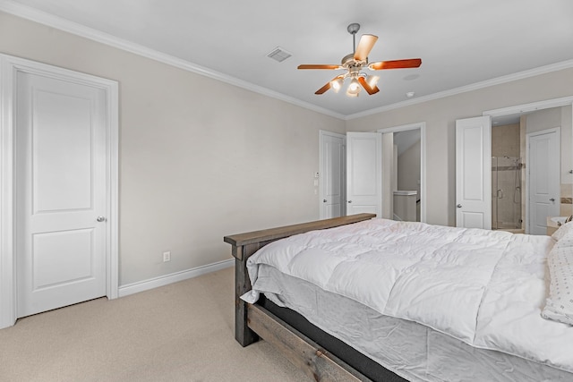 bedroom with visible vents, ornamental molding, light carpet, connected bathroom, and baseboards