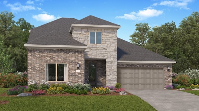 view of front of house with roof with shingles, driveway, stone siding, an attached garage, and a front yard