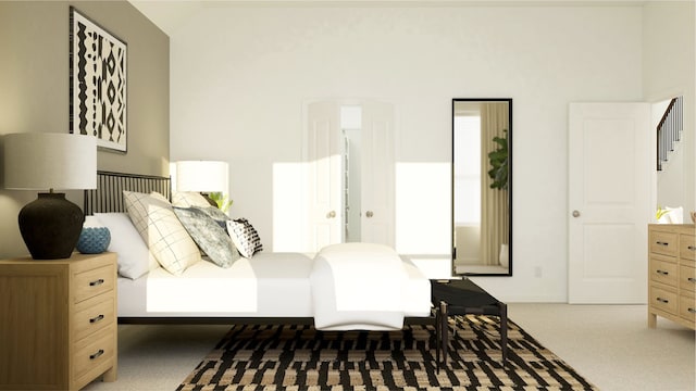 carpeted bedroom featuring high vaulted ceiling