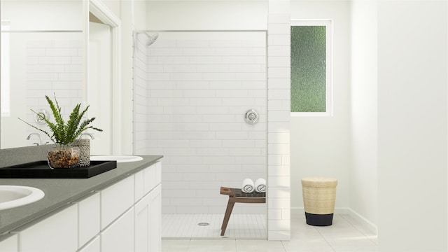 full bathroom featuring double vanity, walk in shower, and tile patterned floors