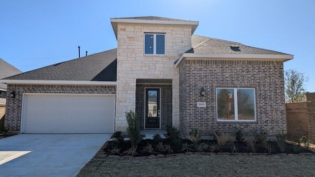 view of front of property featuring stone siding, concrete driveway, brick siding, an attached garage, and a shingled roof