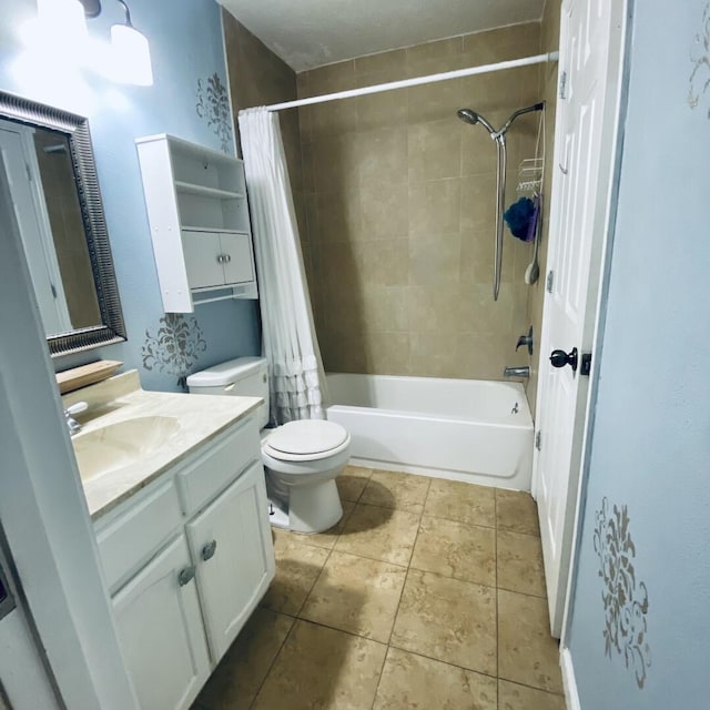 15907 Whispering Falls Ct, Houston, TX 77084 - bathroom featuring toilet, shower / bath combo with shower curtain, vanity, and tile patterned flooring