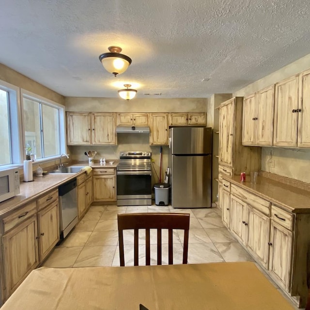 15907 Whispering Falls Ct, Houston, TX 77084 - kitchen with stainless steel appliances, light brown cabinets, under cabinet range hood, and a sink