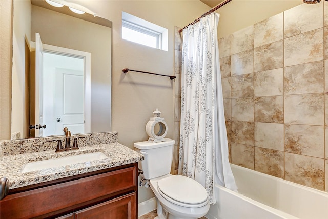 full bath with toilet, vanity, and shower / bathtub combination with curtain