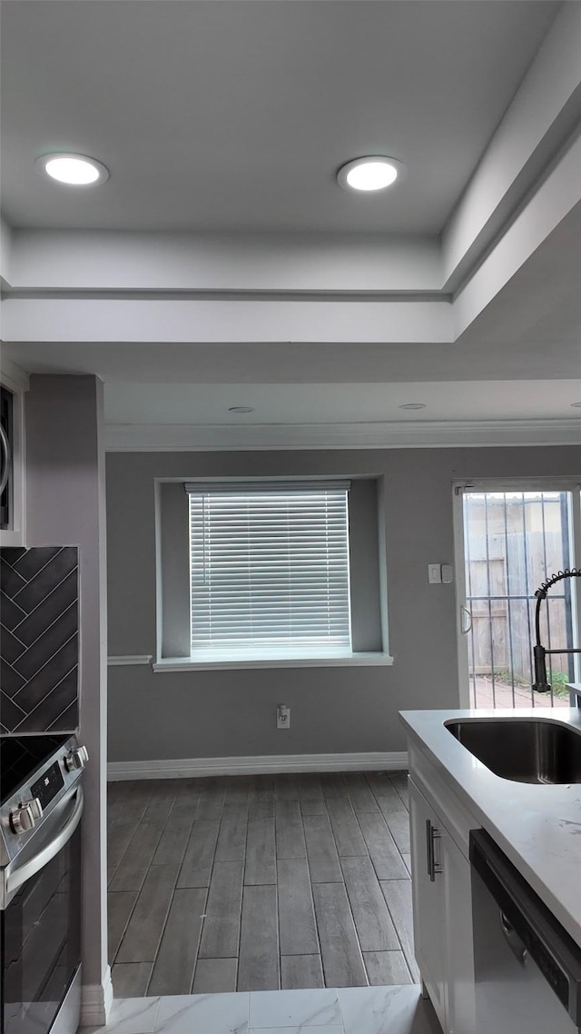 kitchen featuring baseboards, a raised ceiling, a sink, wood finish floors, and stainless steel appliances