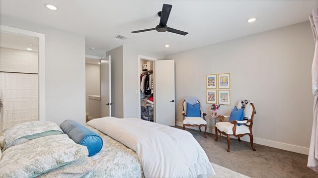 carpeted bedroom featuring recessed lighting, a closet, baseboards, visible vents, and a ceiling fan