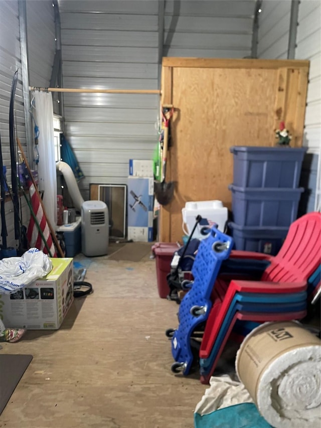 garage with wood walls