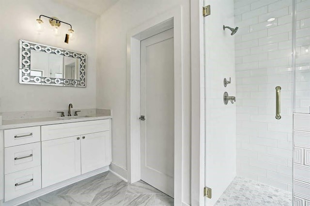1217 Edwards St, Houston, TX 77007 - bathroom featuring a stall shower, vanity, and marble finish flooring