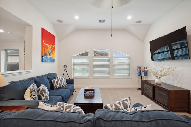 living area featuring carpet, baseboards, ceiling fan, lofted ceiling, and recessed lighting