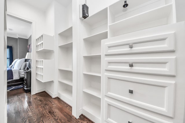 spacious closet with dark wood-type flooring