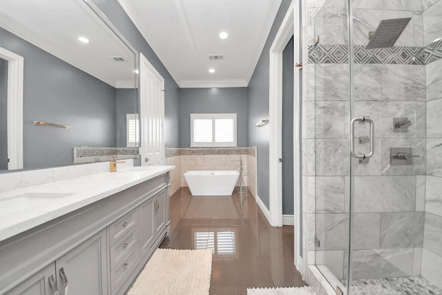 full bathroom with ornamental molding, a soaking tub, a stall shower, and visible vents