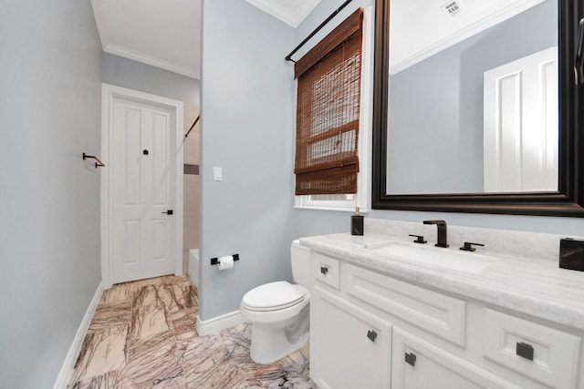 full bath with baseboards, vanity, toilet, marble finish floor, and ornamental molding