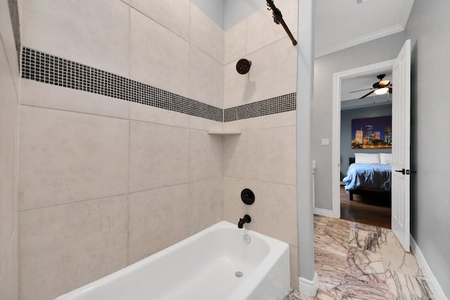 full bath featuring shower / bathtub combination, ornamental molding, baseboards, and marble finish floor