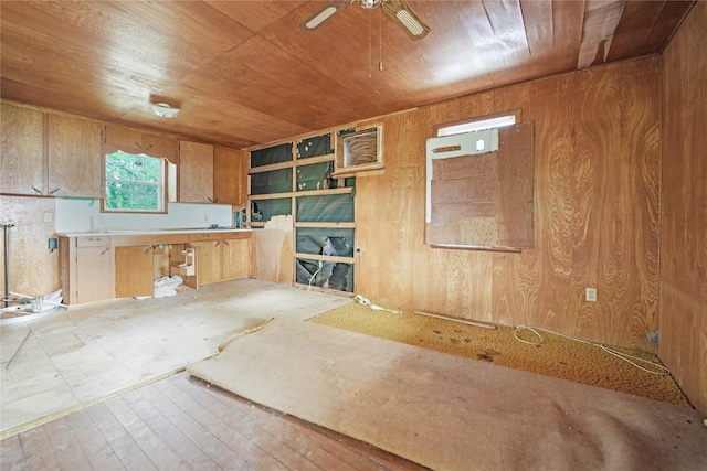 kitchen featuring wood ceiling, wood walls, ceiling fan, and wood-type flooring